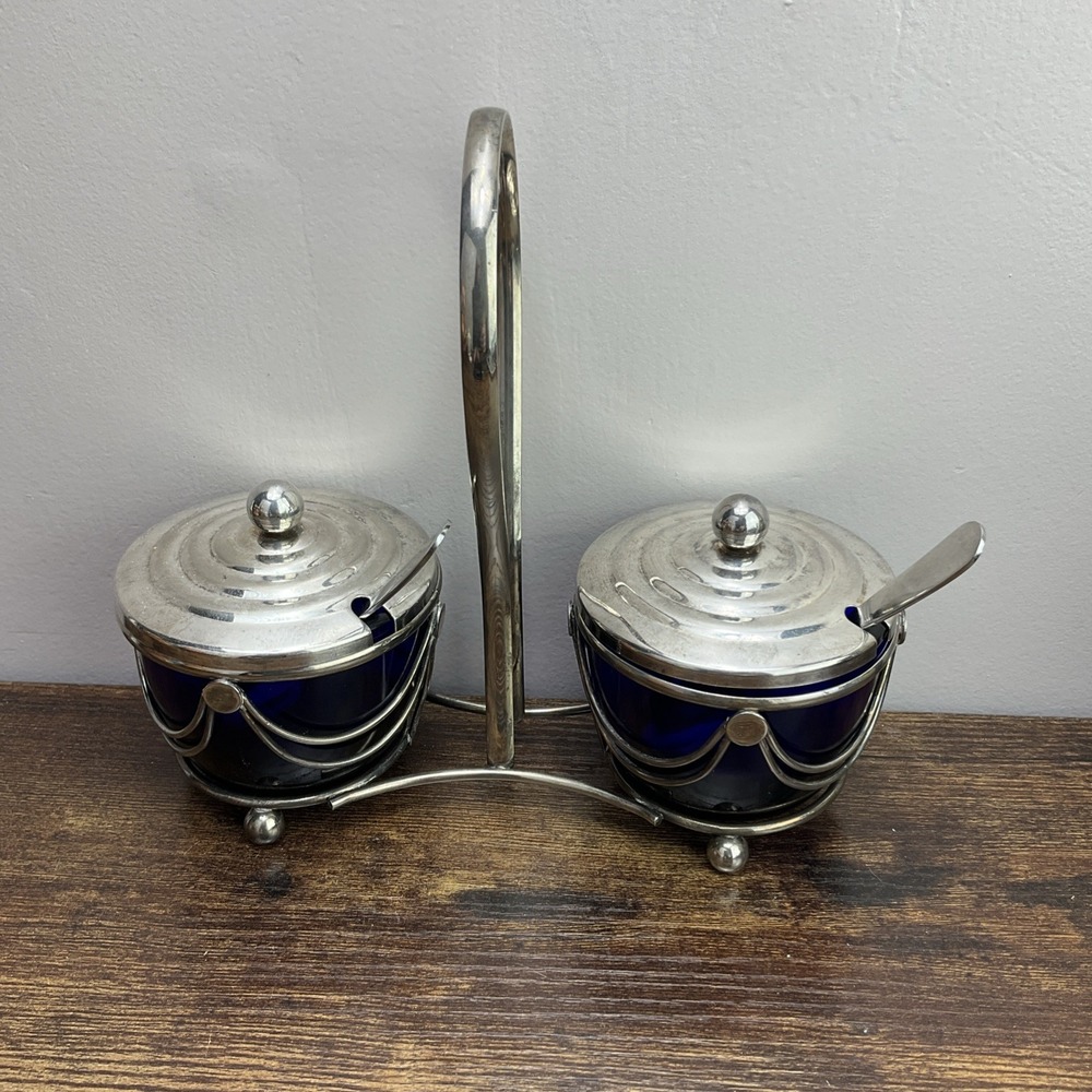Vintage 1940s Art Deco Cobalt Blue Glass Silver Jam Jelly Condiment Set Caddy